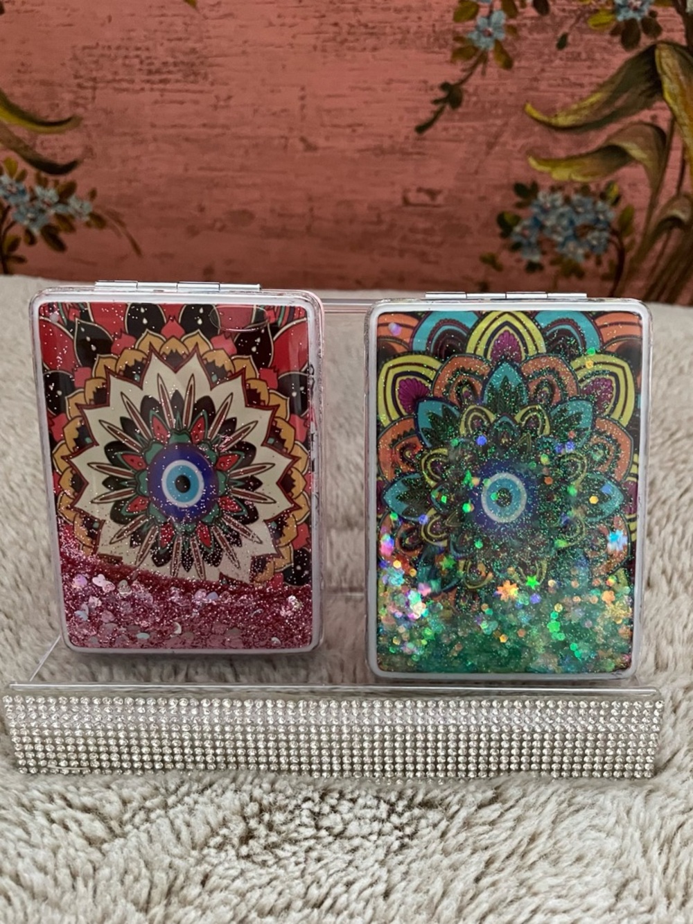 Glittery Mandala Evil Eye Mirrors - Pink or Green - Picture 2 of 4